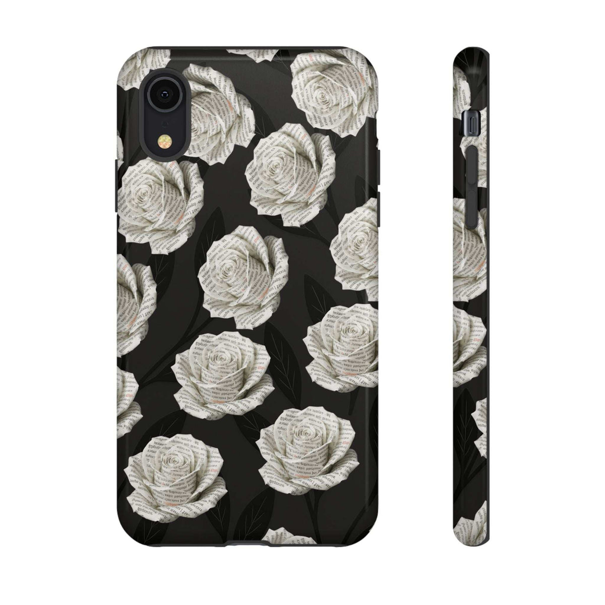 Black phone case with white rose pattern, camera opening and raised protective rim