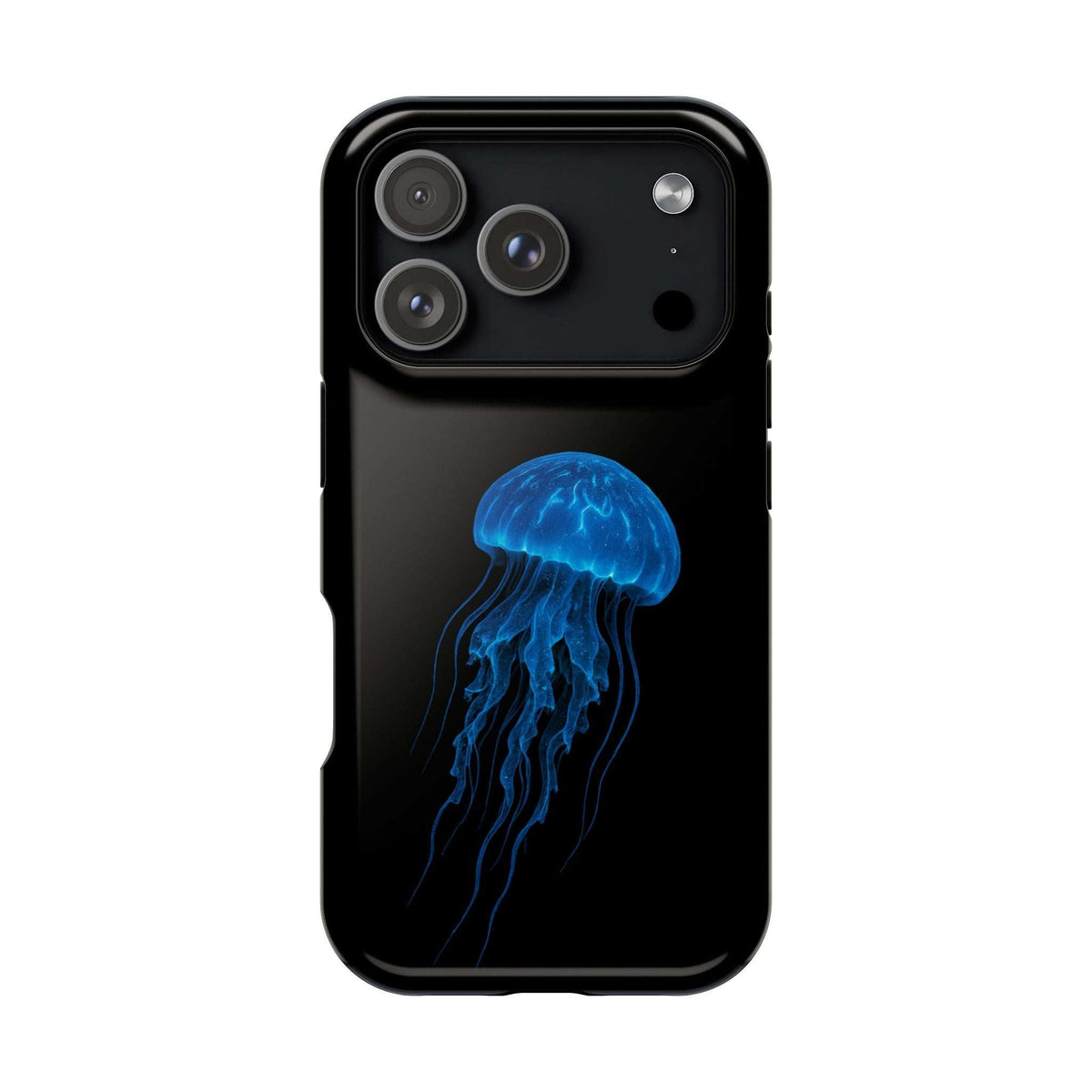 Black phone case with blue jellyfish print and rear camera cluster opening