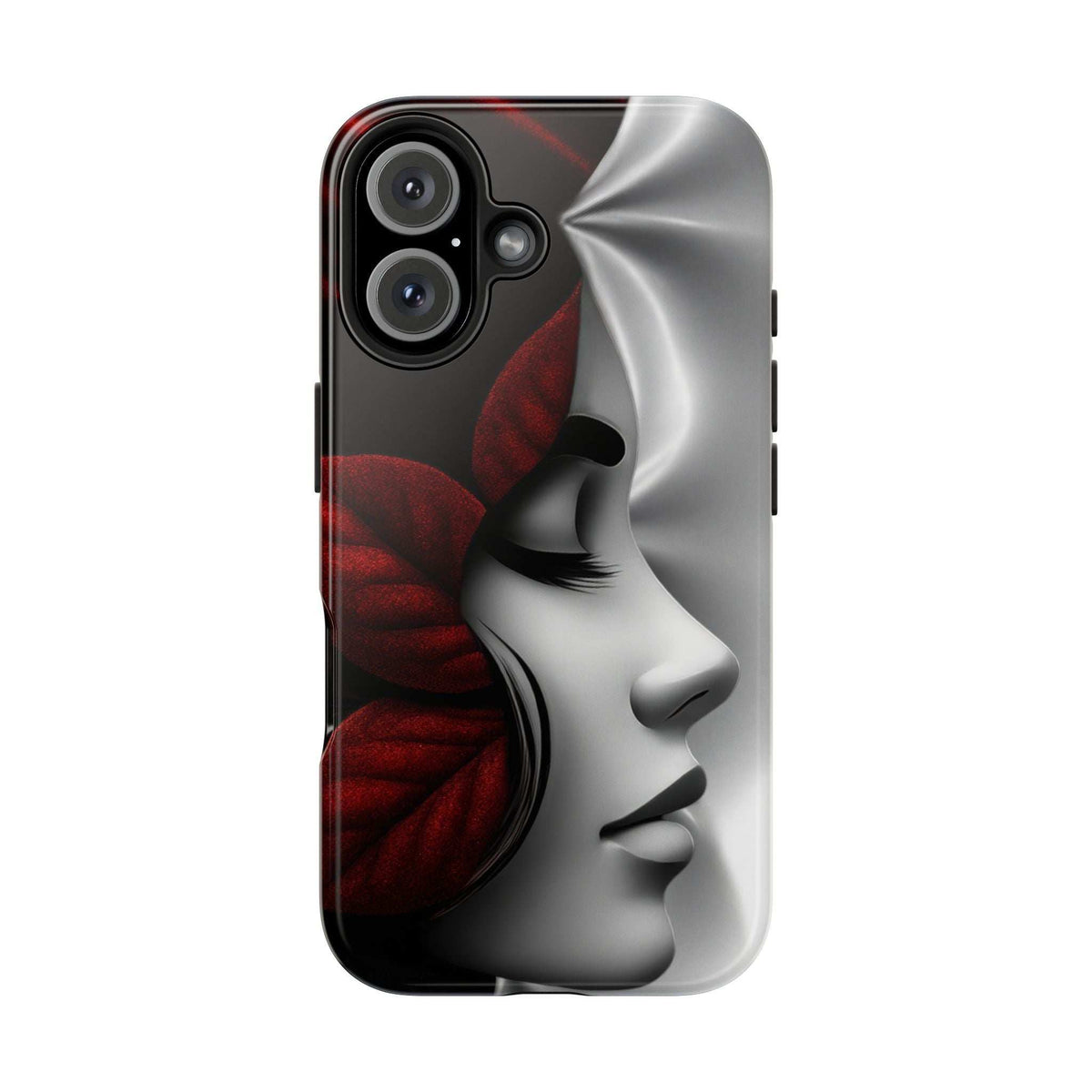 Phone case with face profile art, gray figure and red lips