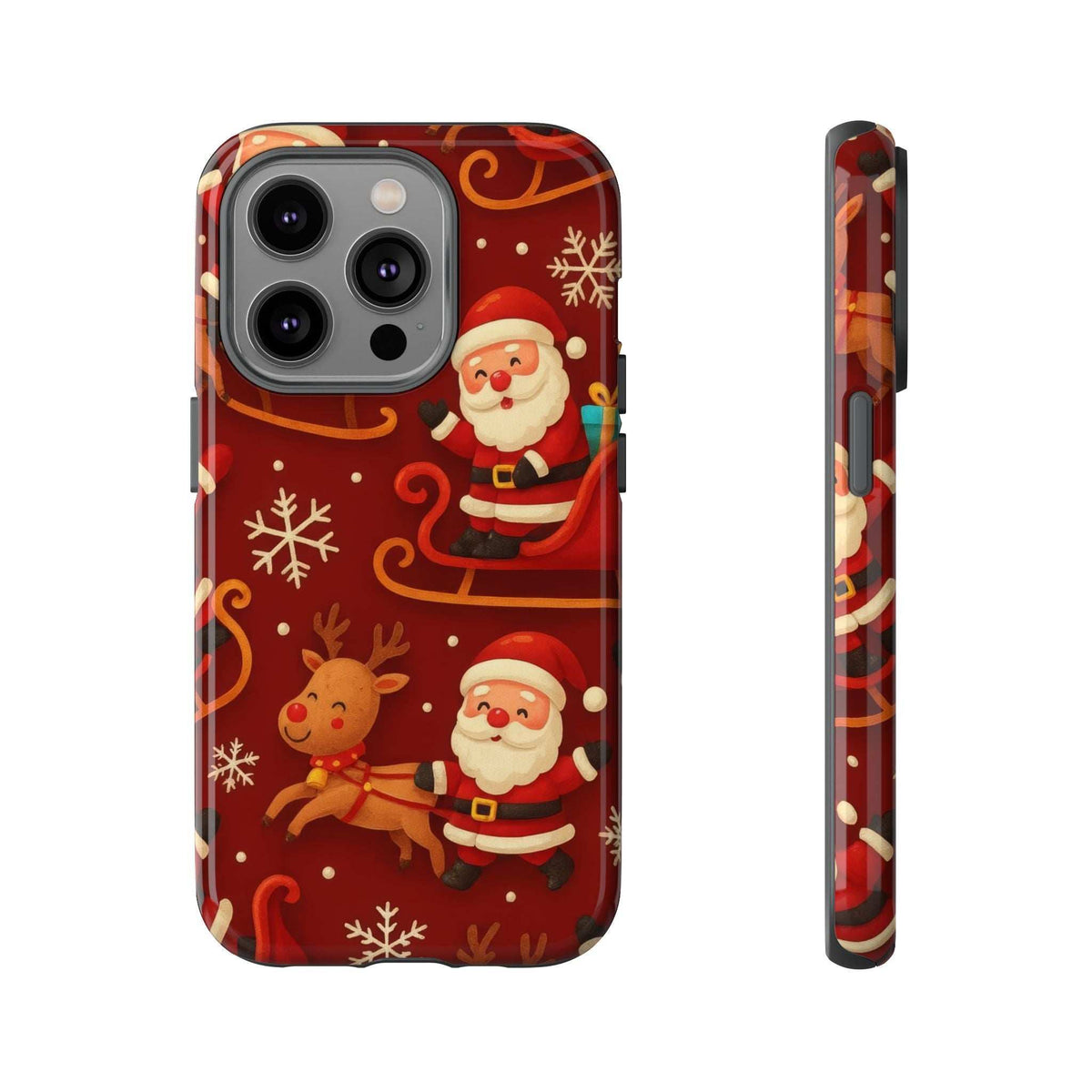 Santa and reindeer sleigh phone case with snowflake motifs, glossy finish, camera lenses visible