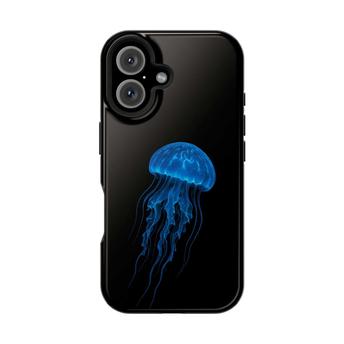 Glossy black phone case with blue jellyfish artwork, side button cutouts visible
