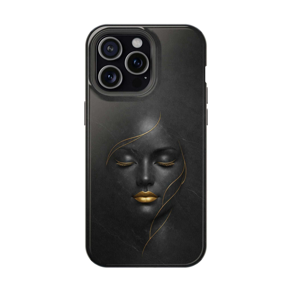 Black phone case with gold face illustration and four-lens camera module openings