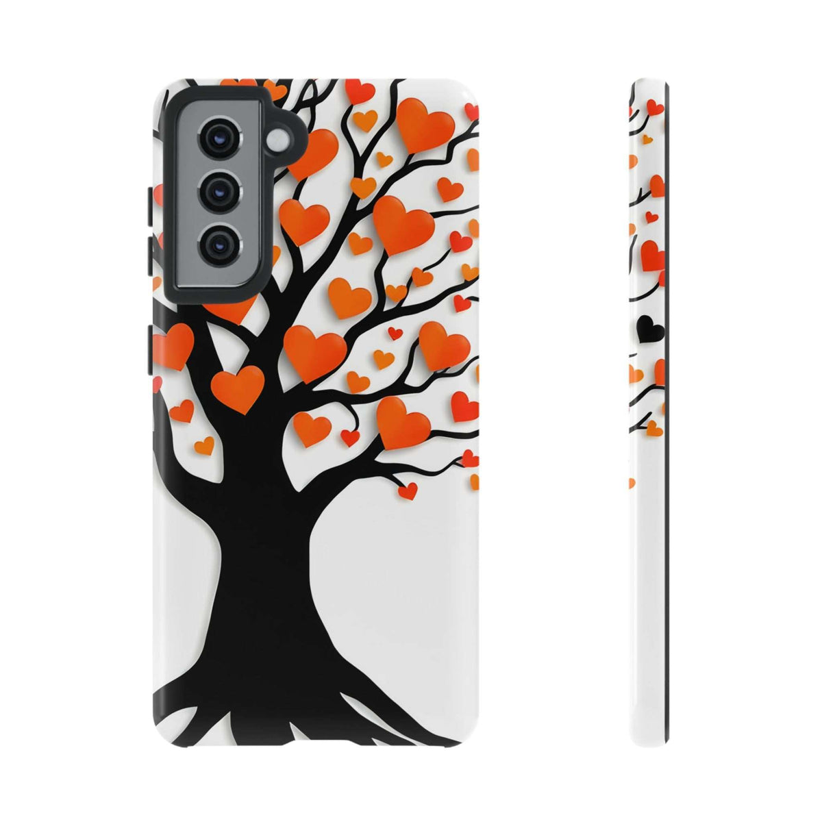 Heart tree phone case with orange and red hearts on white; front and side camera cutouts