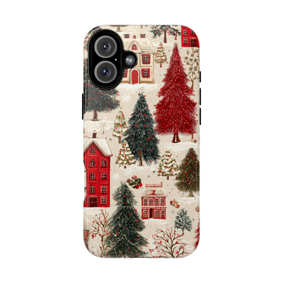 Winter village phone case with red houses and evergreen trees; cutouts for iPhone cameras