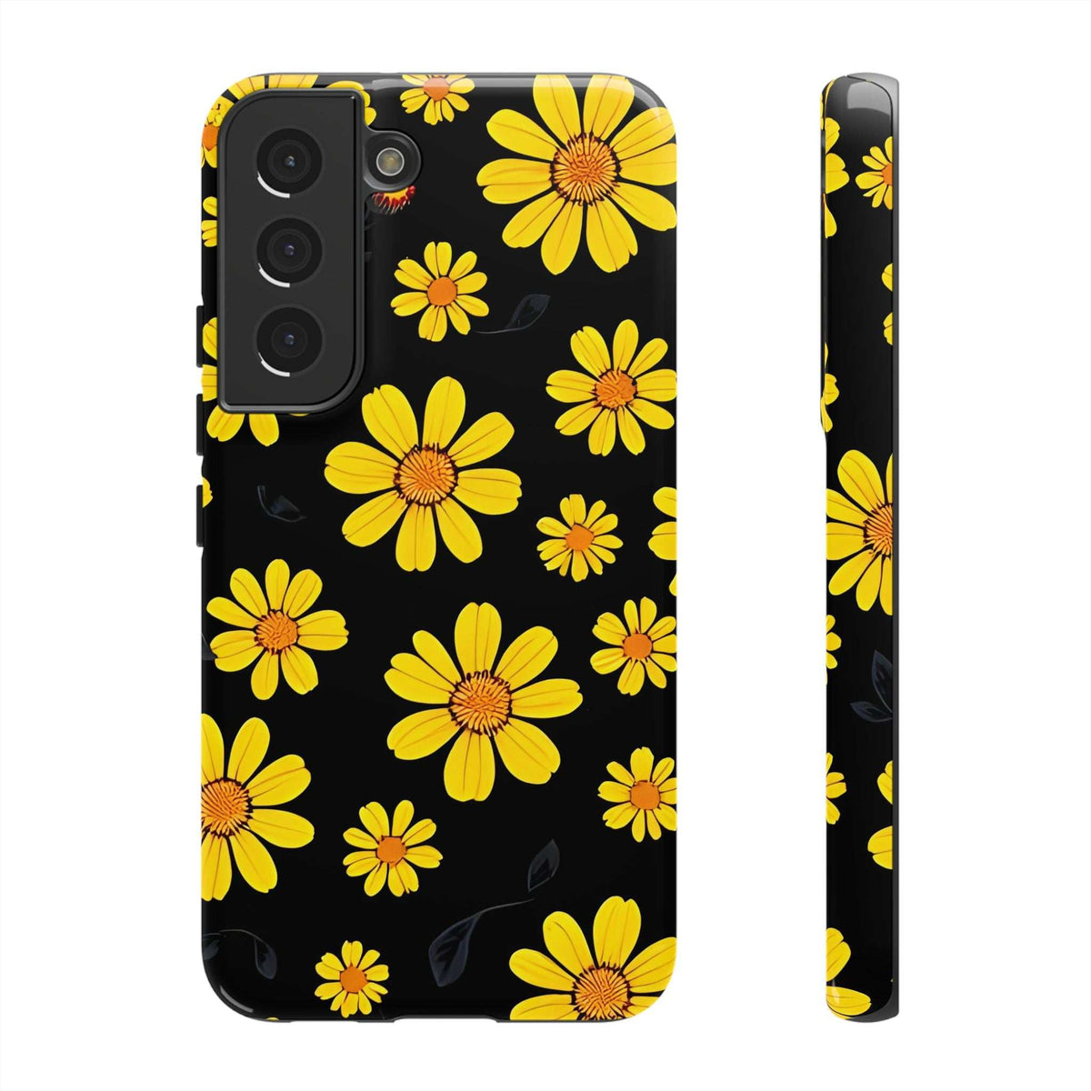 Phone case with black background and yellow daisy floral pattern, clear rear camera openings