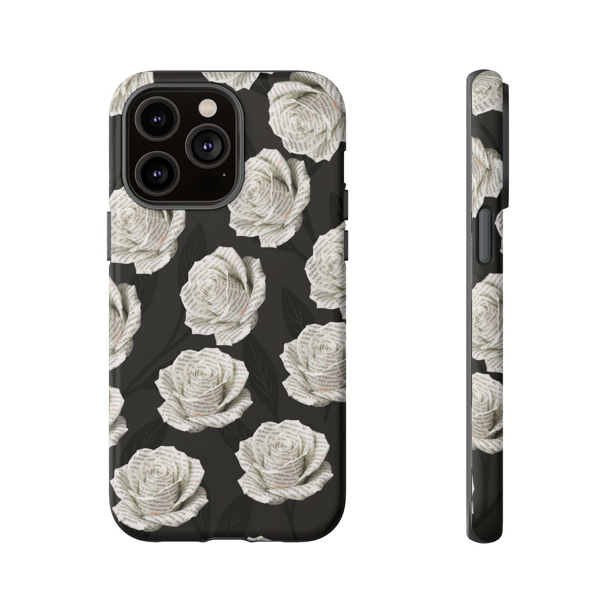 Black rose-pattern phone case with white blooms; back camera cutout and side ports