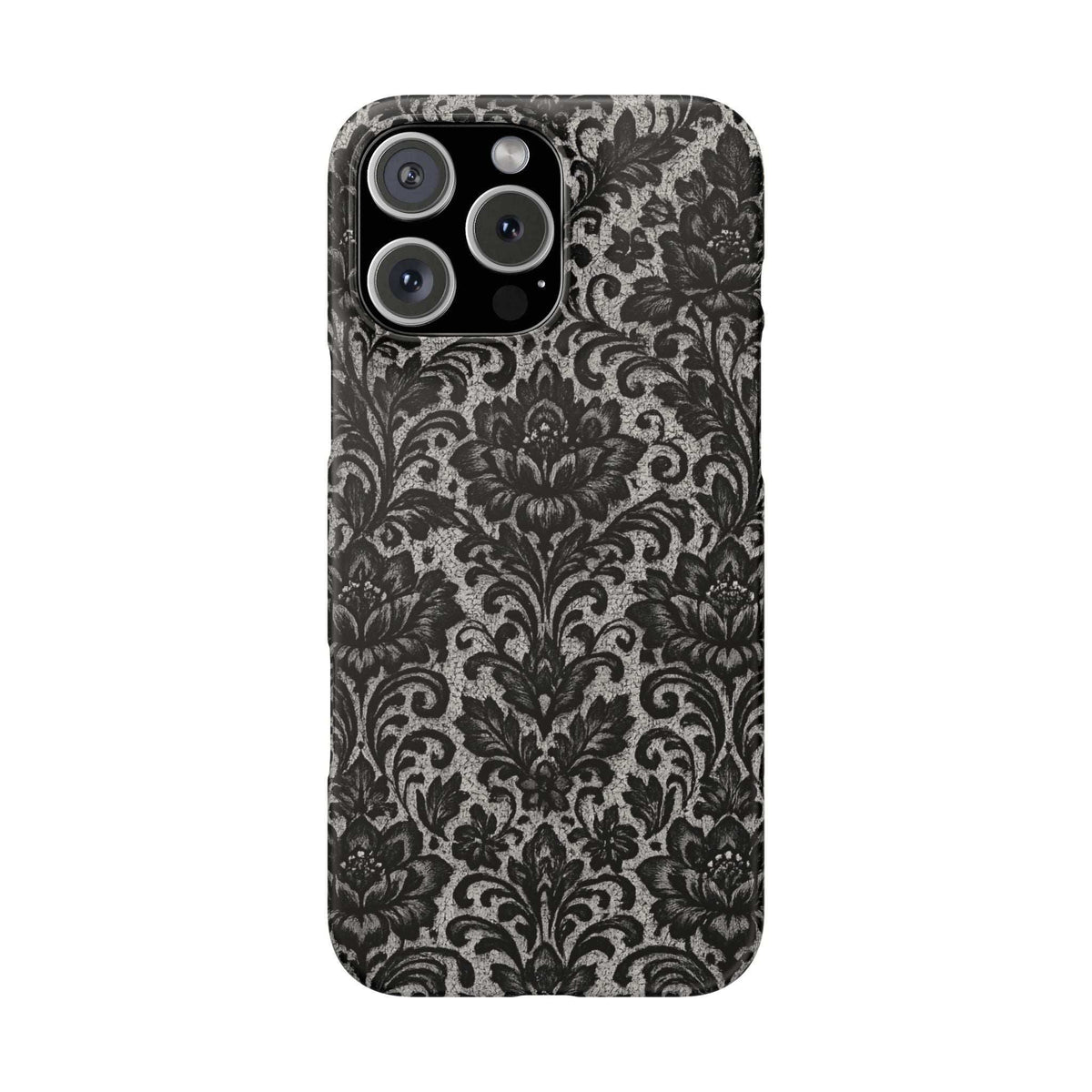 Black damask floral phone case with camera cutouts and raised lens ring