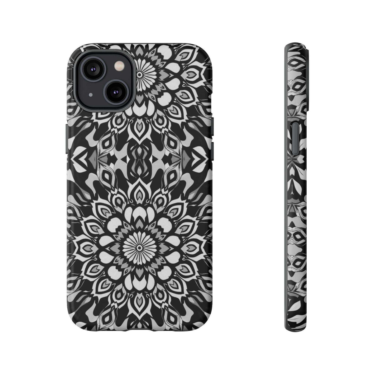 Mandala phone case with black-and-white mandala flower print and matching patterned side strip