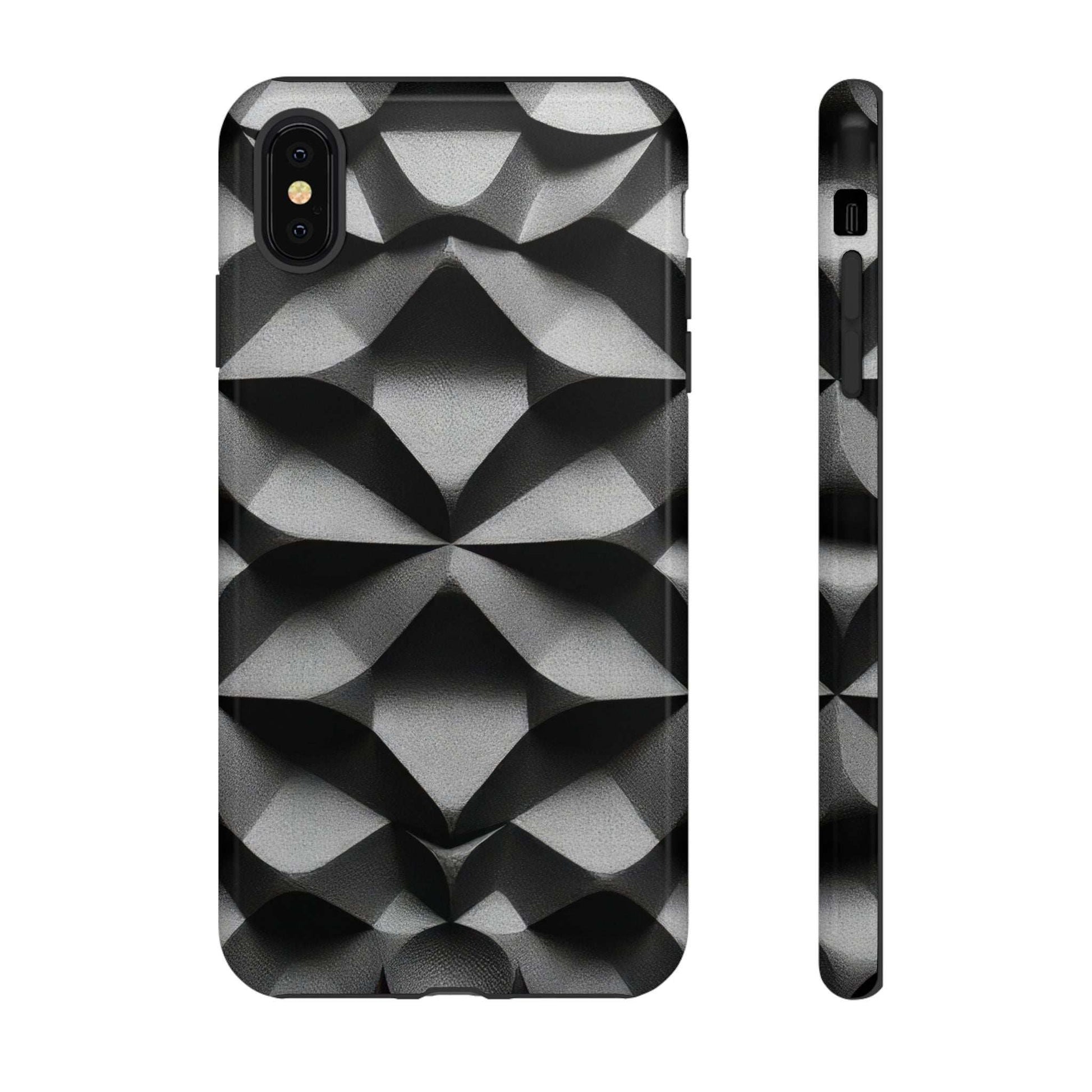 Tough phone case with black and silver geometric diamond pattern, side buttons visible