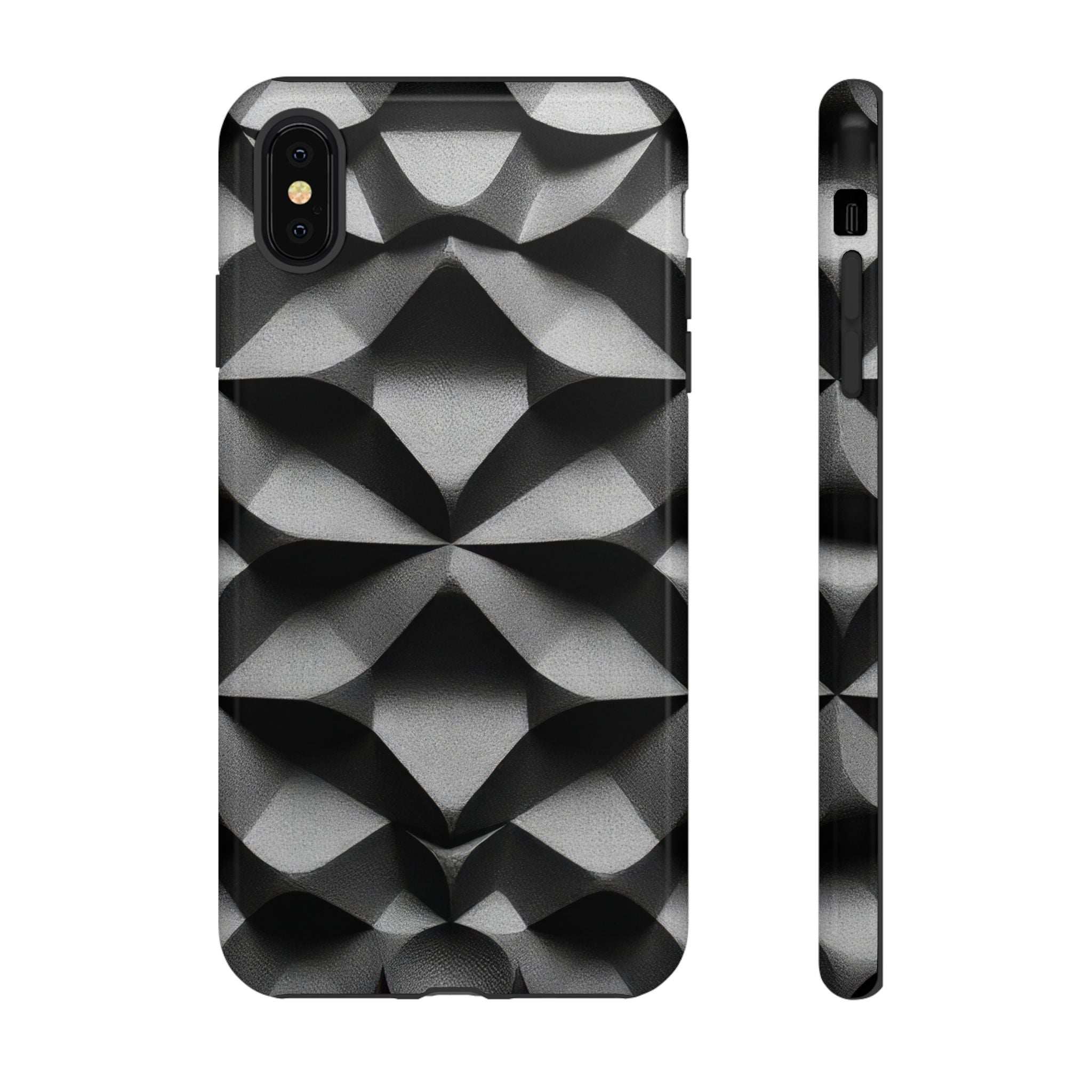 Tough phone case with black and silver geometric diamond pattern, side buttons visible