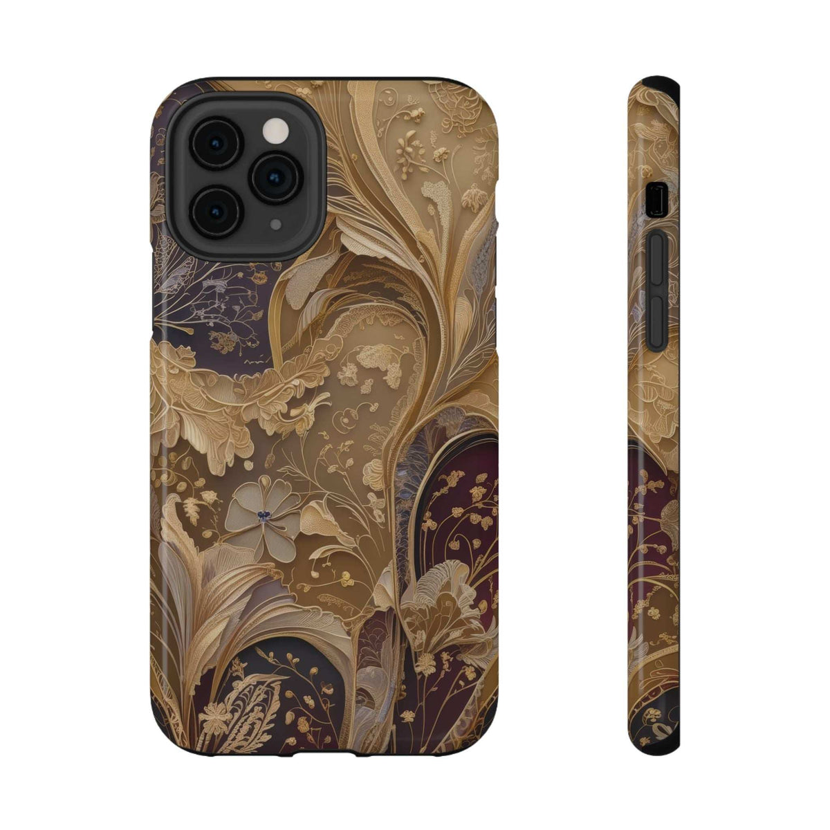 Botanical phone case with gold floral and dark brown pattern, raised camera cutouts