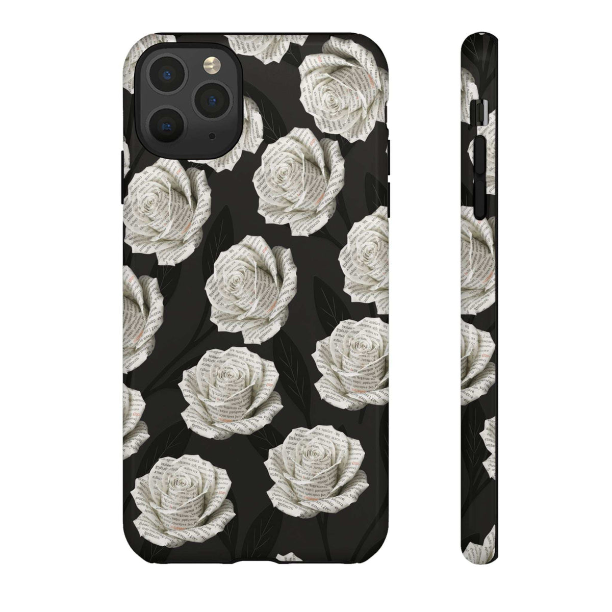 Silent Bloom phone case, black base with white roses; side profile with button cutouts