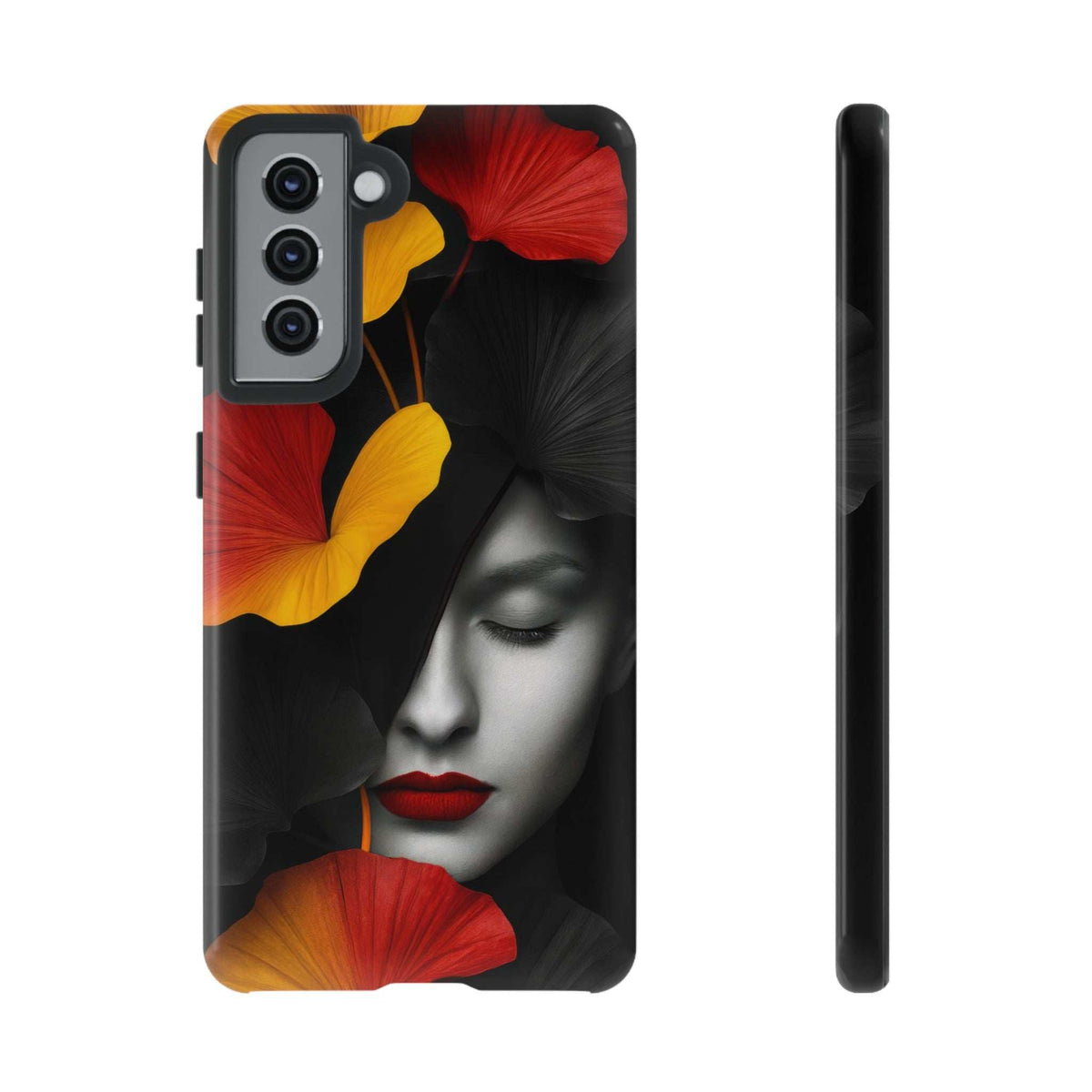 Glossy smartphone case with red and yellow floral face art, camera cutouts