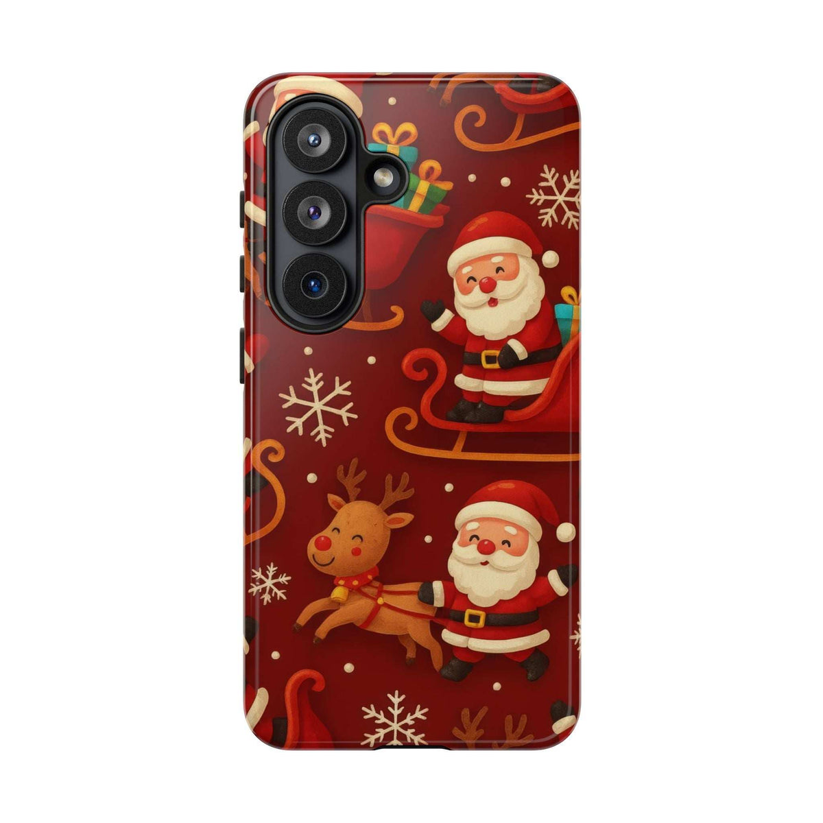 Glossy Santa and reindeer sleigh pattern phone case, raised triple camera cutouts