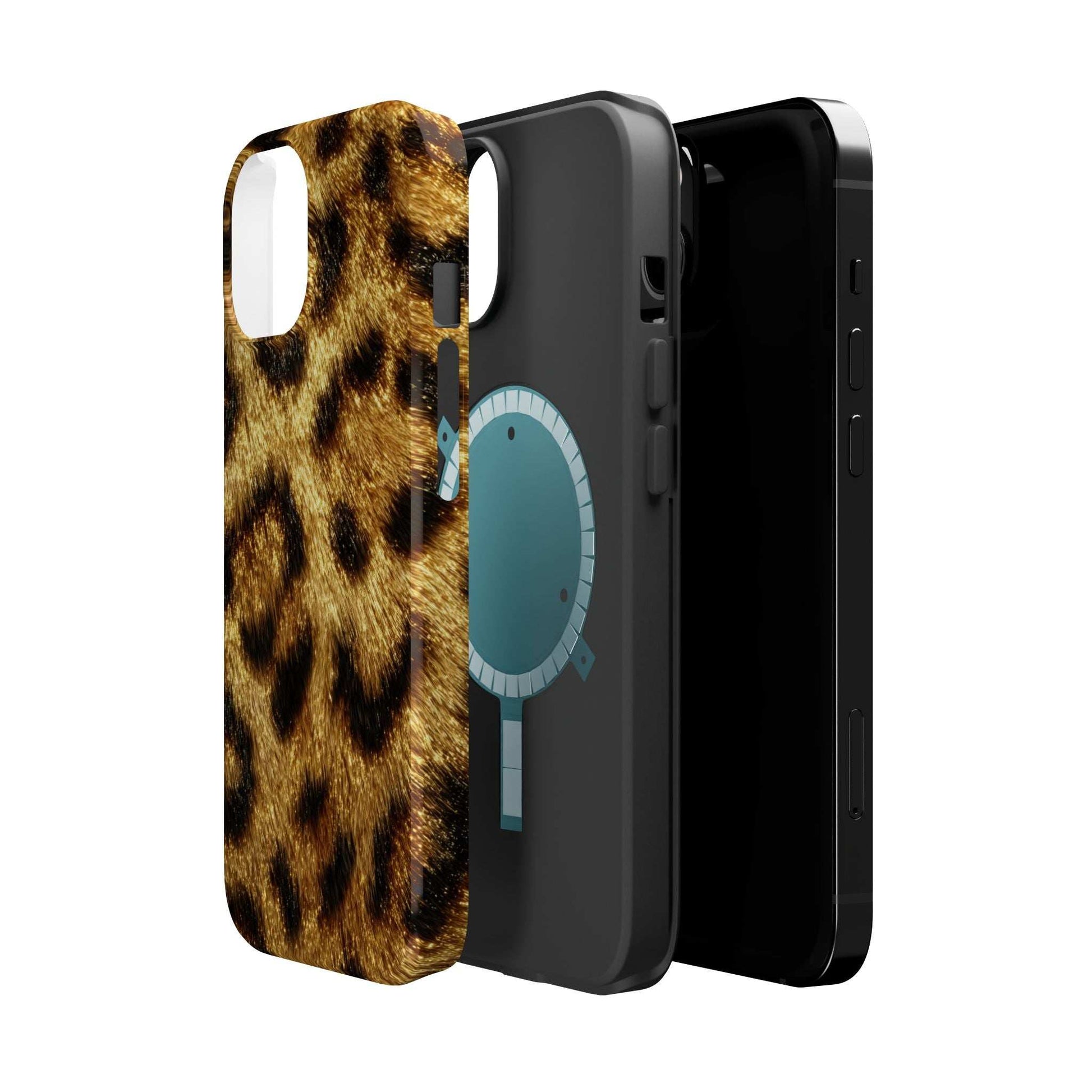 Leopard print glossy phone case with cutouts and protective edges, tan and dark spots.