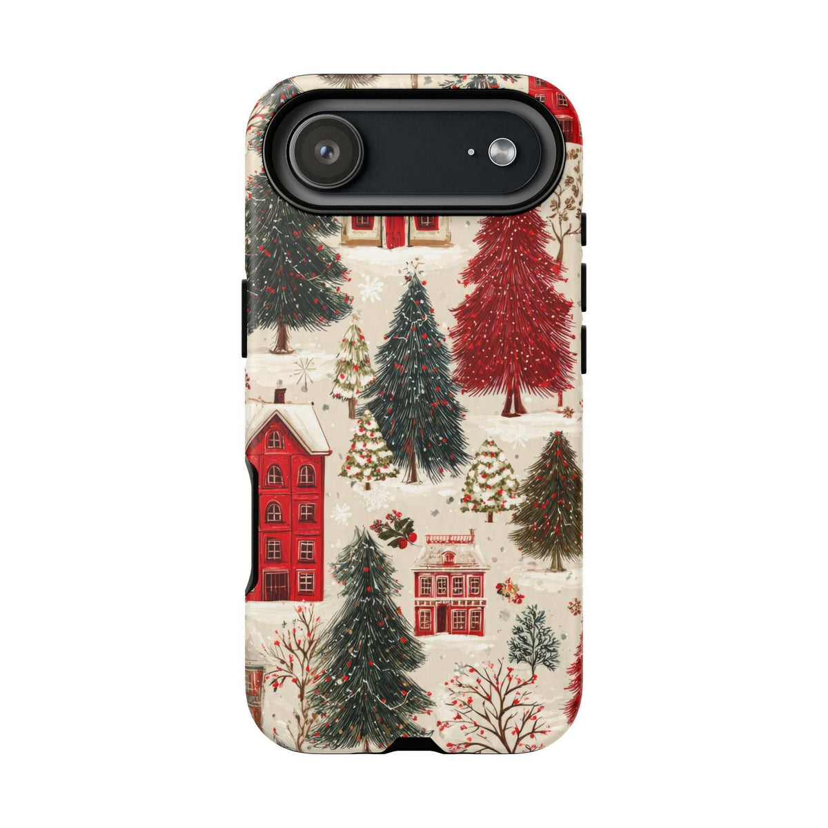 Winter village phone case with red houses and fir trees; horizontal lens cutout