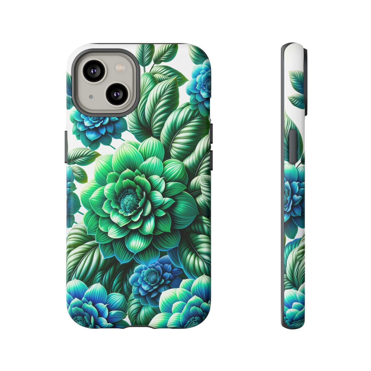 Phone case back view featuring green and blue blossoms and leaves; narrow side profile.
