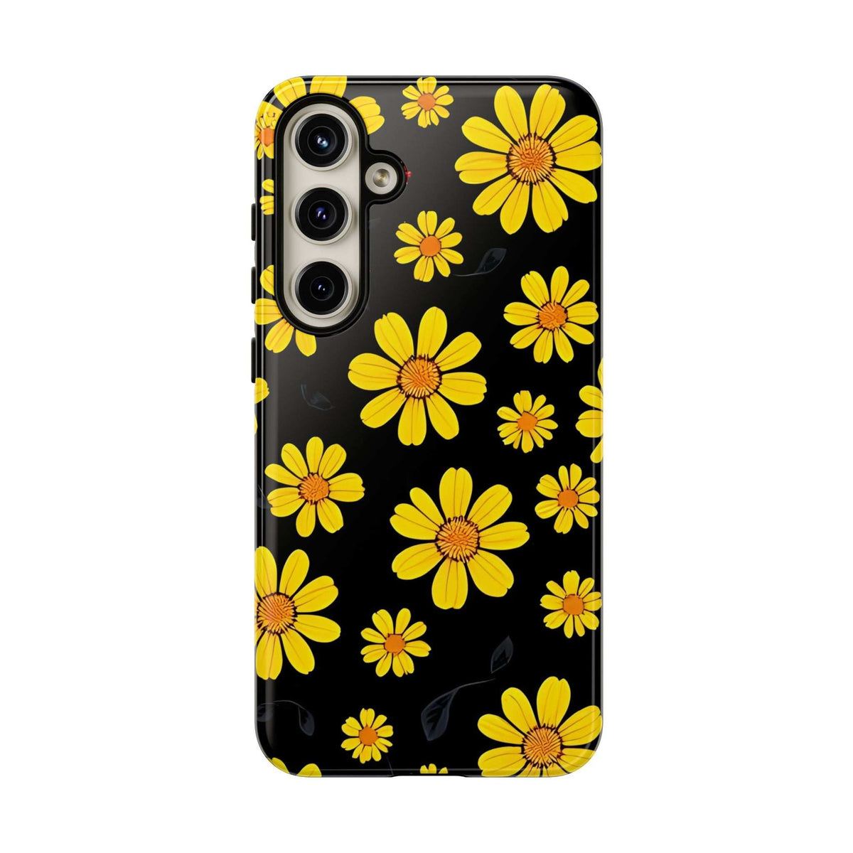 Black floral phone case with scattered yellow daisies and multiple camera lens cutouts