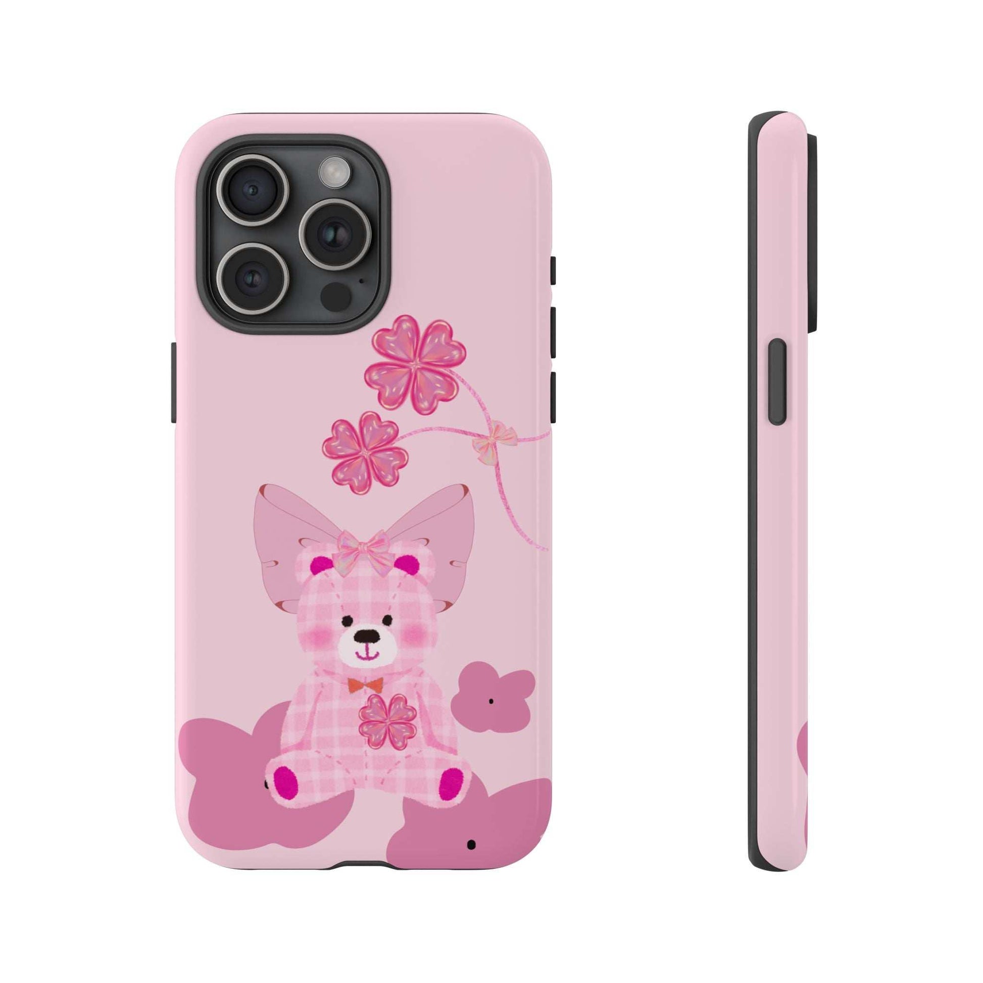 Pink teddy bear phone case with floral bow; back and side profile with speaker openings.