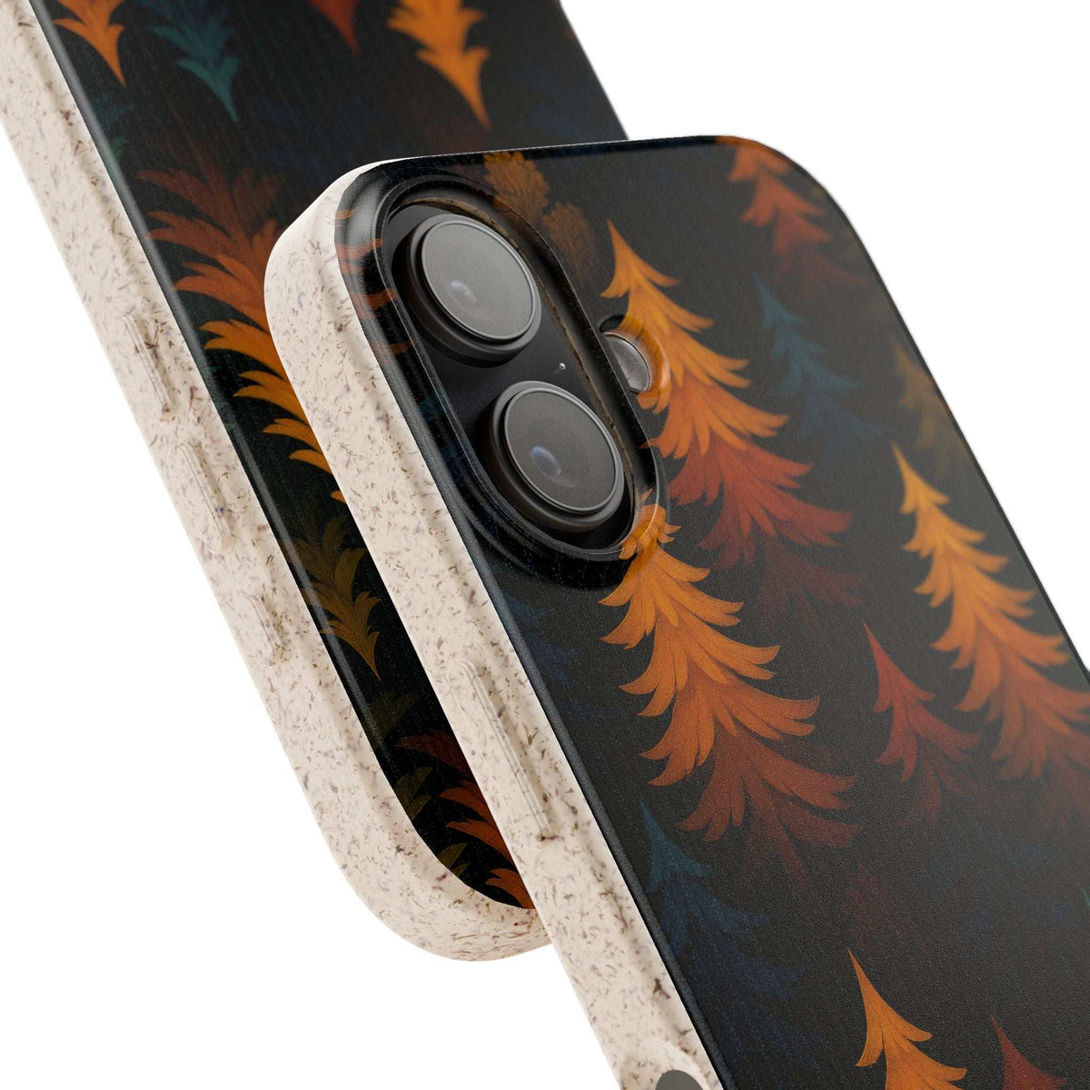 Biodegradable phone case close-up with dark tree pattern and dual camera lens openings