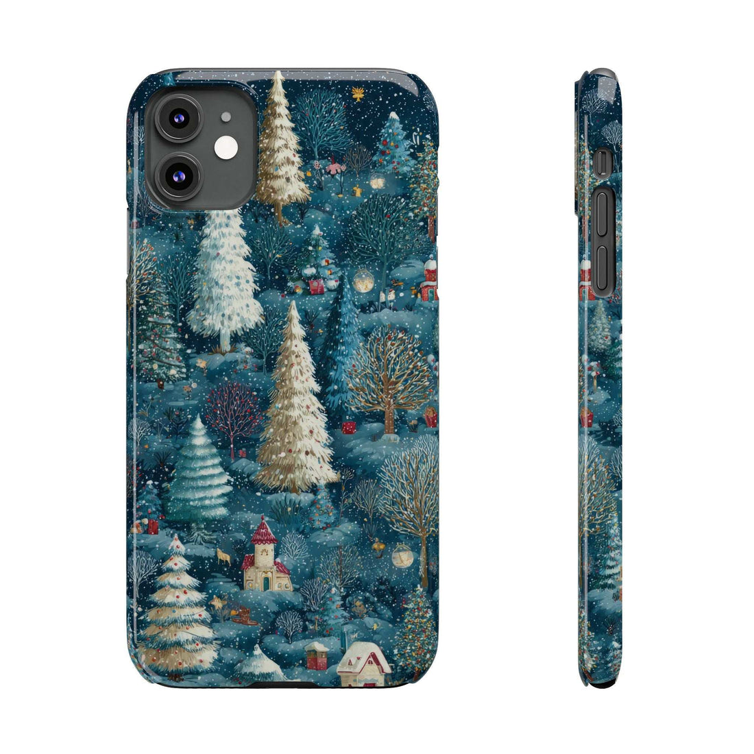 Frosty forest phone case with snowy trees and houses, visible camera lenses.