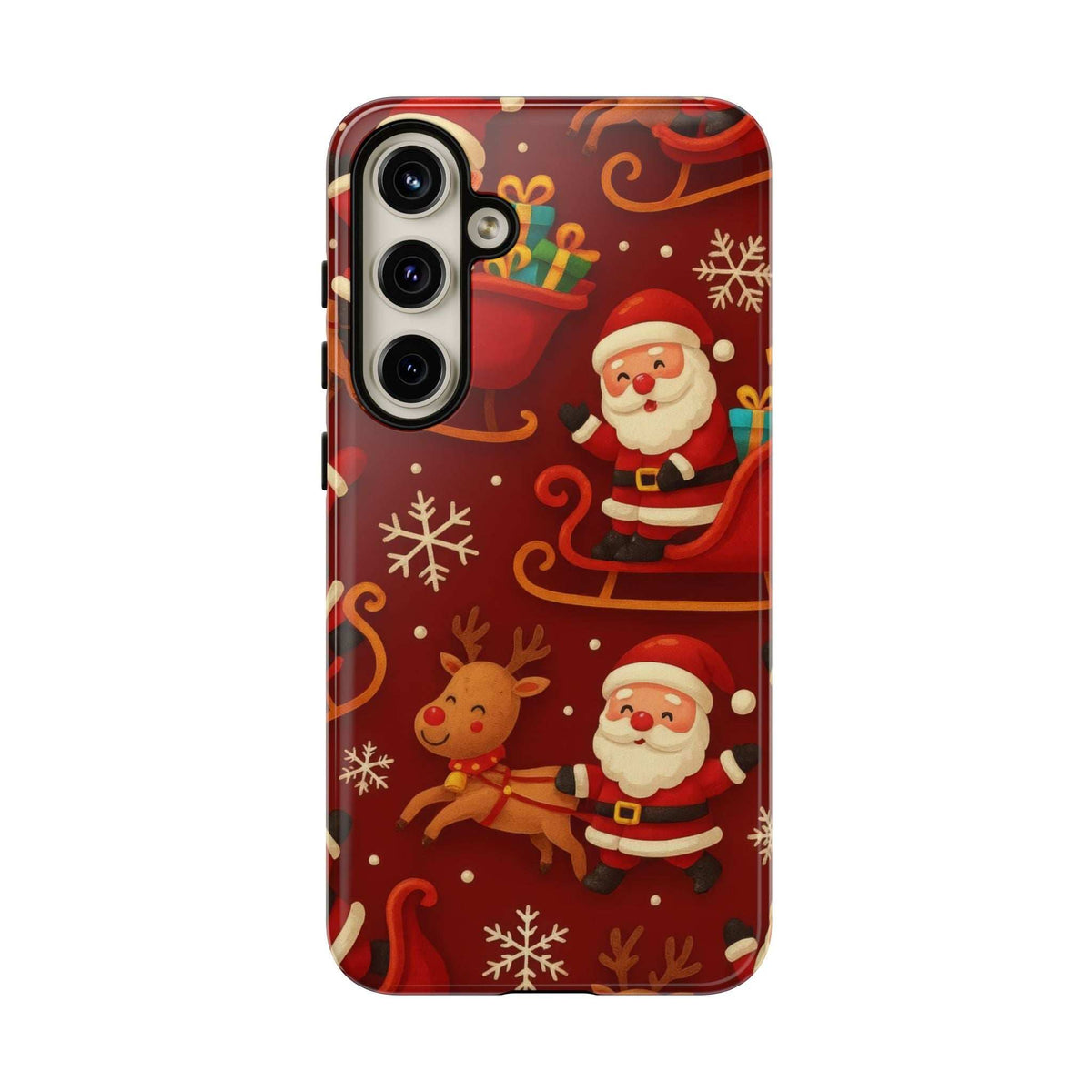 Glossy Santa and reindeer sleigh-pattern phone case, angled front view with camera cutouts