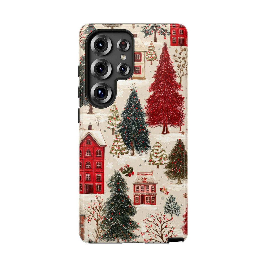 Phone case with winter village print, red house and fir trees, front camera and flash cutouts