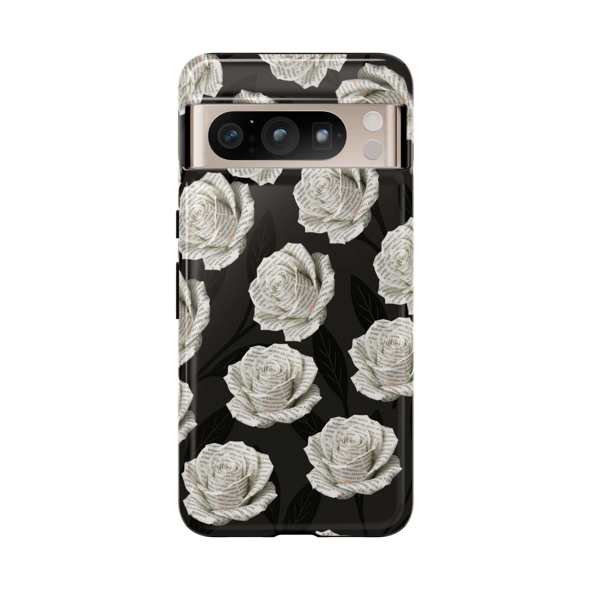 Phone case back with black background and white rose pattern, camera cutouts visible.