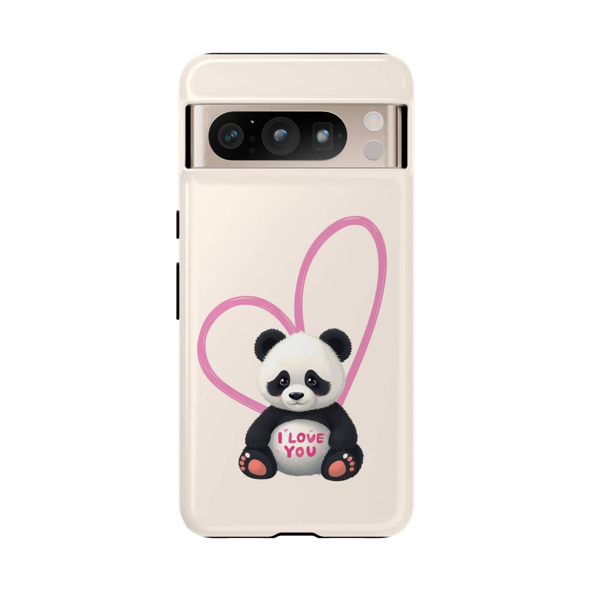 Cream phone case with panda and pink heart artwork on back panel