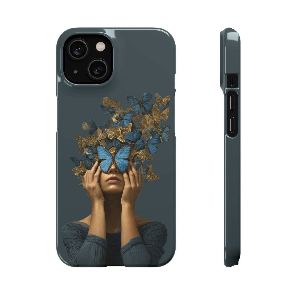 Dark gray phone case front and side; butterfly woman graphic with camera cutouts.