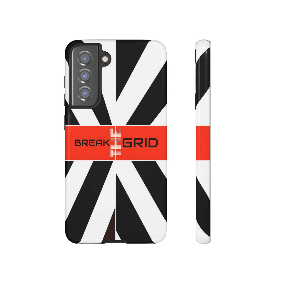 Phone case with black-and-white geometric stripes, red "Break Grid" band, front and side view.