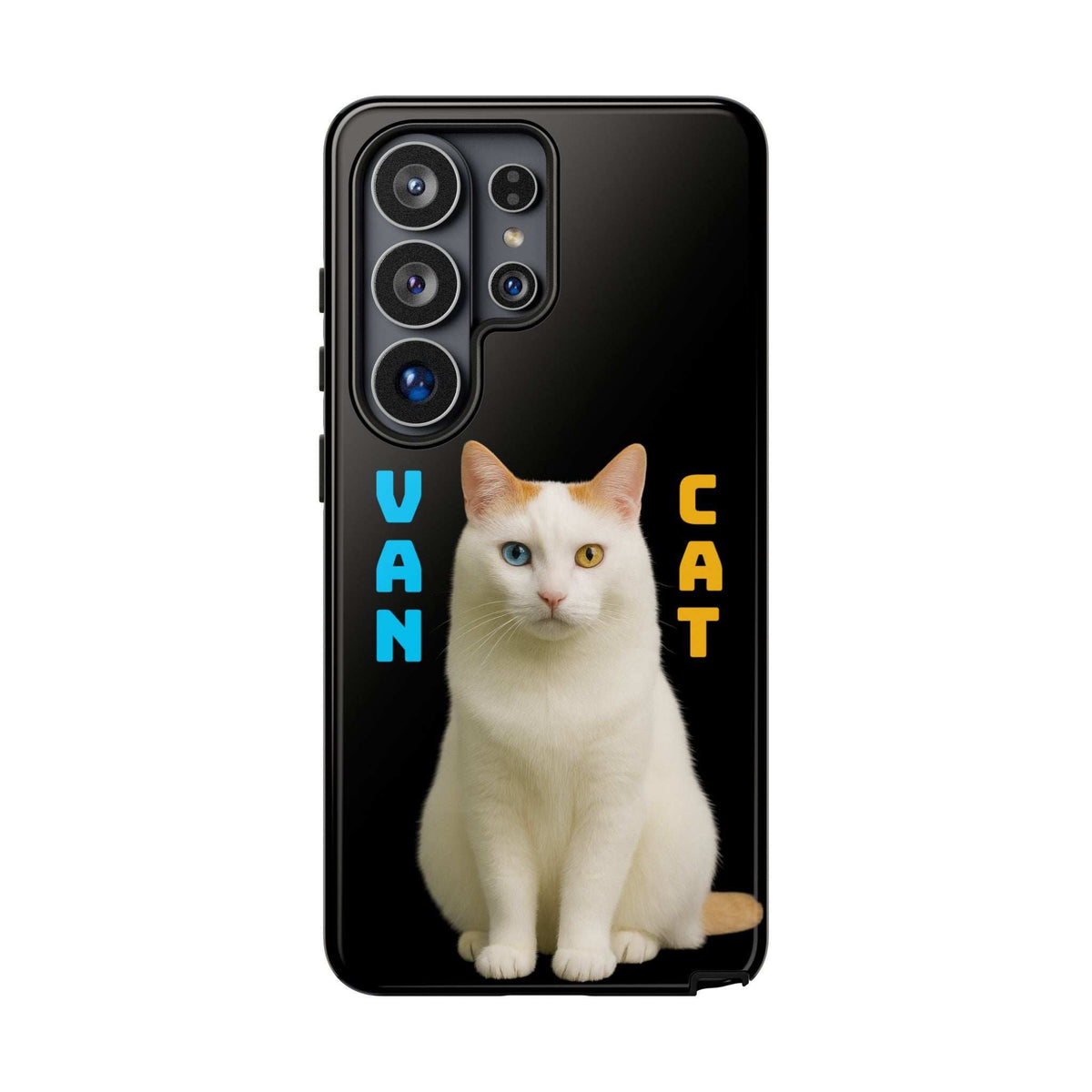 Black glossy phone case with white cat graphic and multi-camera openings