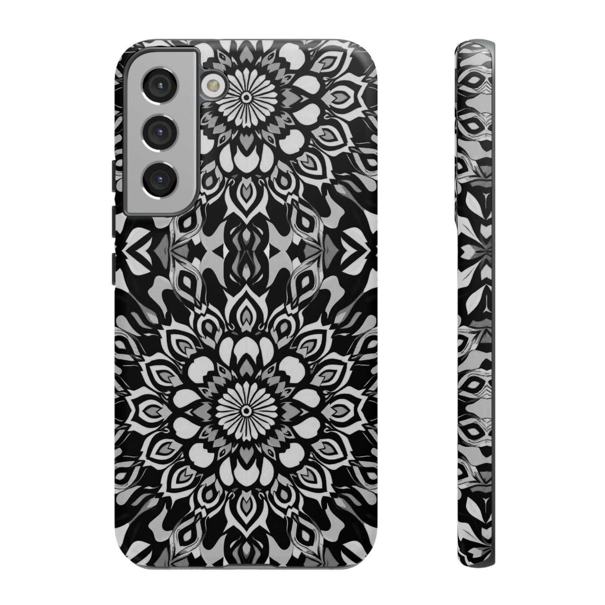Mandala phone case with black-and-white mandala print, camera cutouts, and patterned side edge