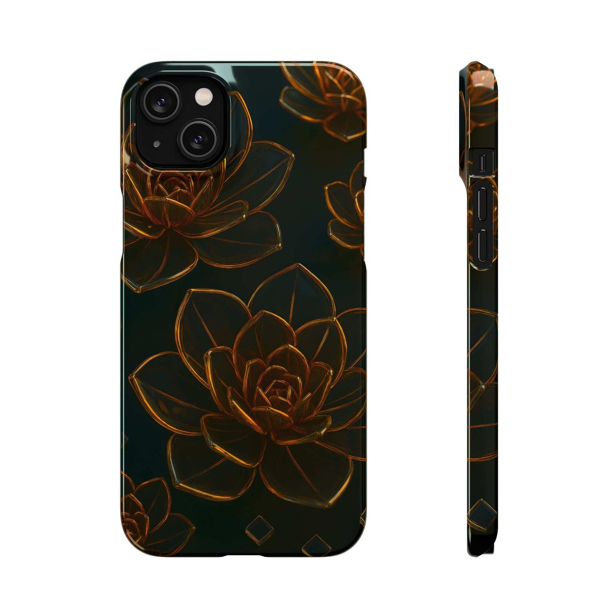 Glossy black glass phone case with gold lotus line art and deep edge protection