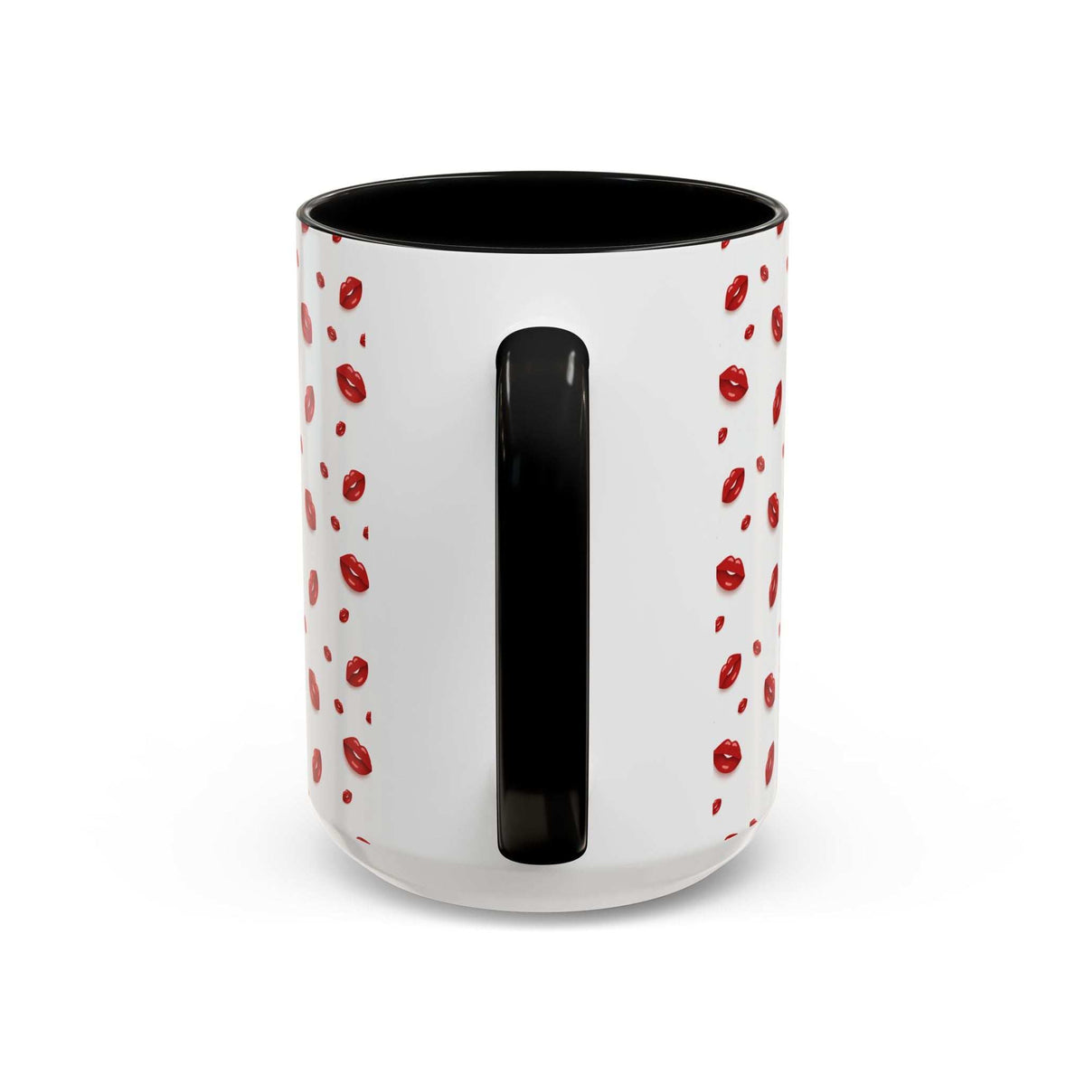 Accent coffee mug with white body, red lips pattern, and black interior with rim.
