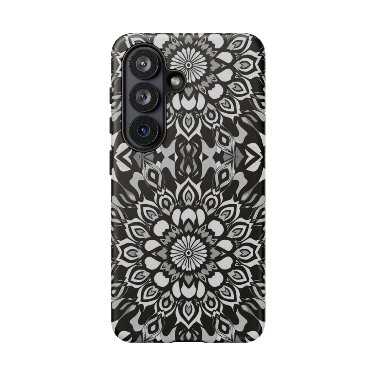 Phone case with black-and-white mandala print, multi-camera cutouts and flash