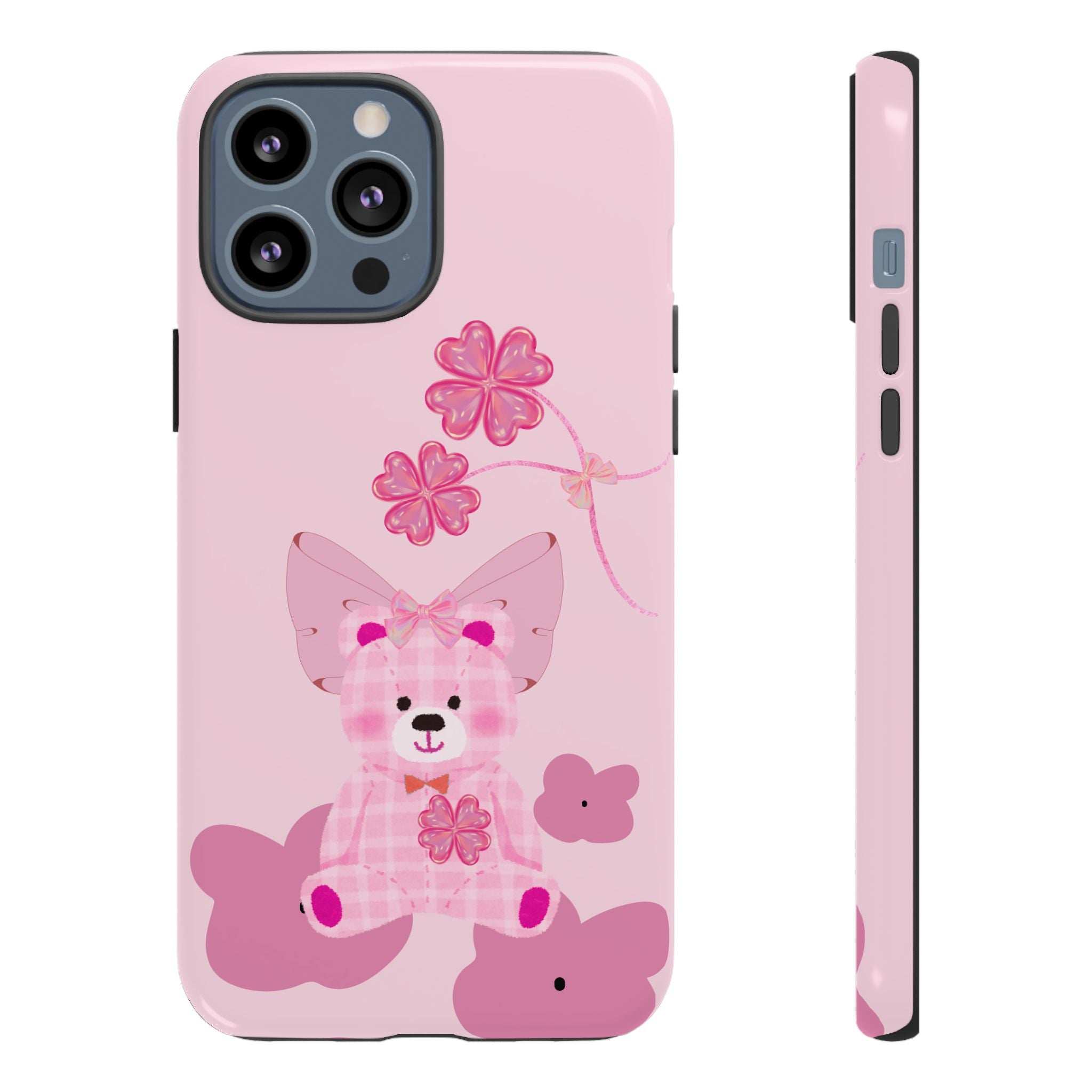 Pink phone case with teddy bear and flowers; back camera cutout and side profile.