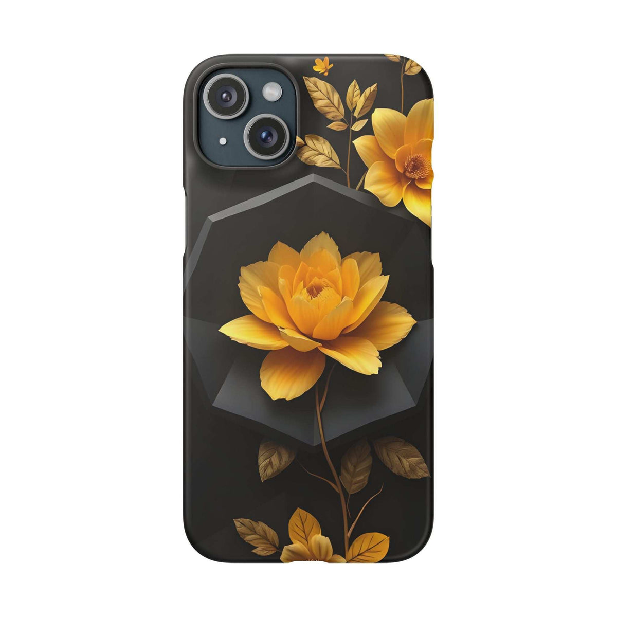 Black phone case showing yellow bloom and gold foliage, with camera openings on top-left.