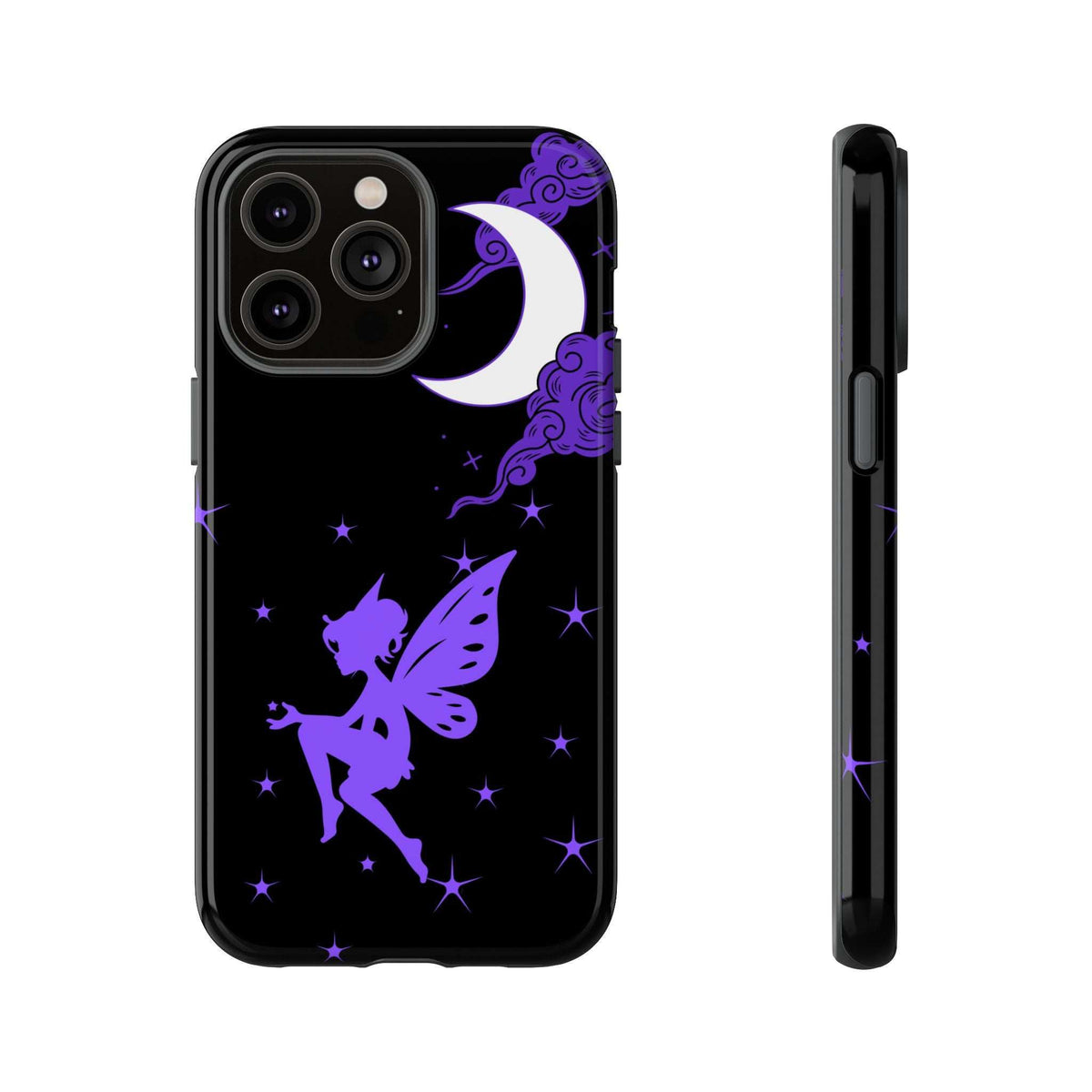 Black phone case with purple fairy silhouette, crescent moon, and star sparkles; side view