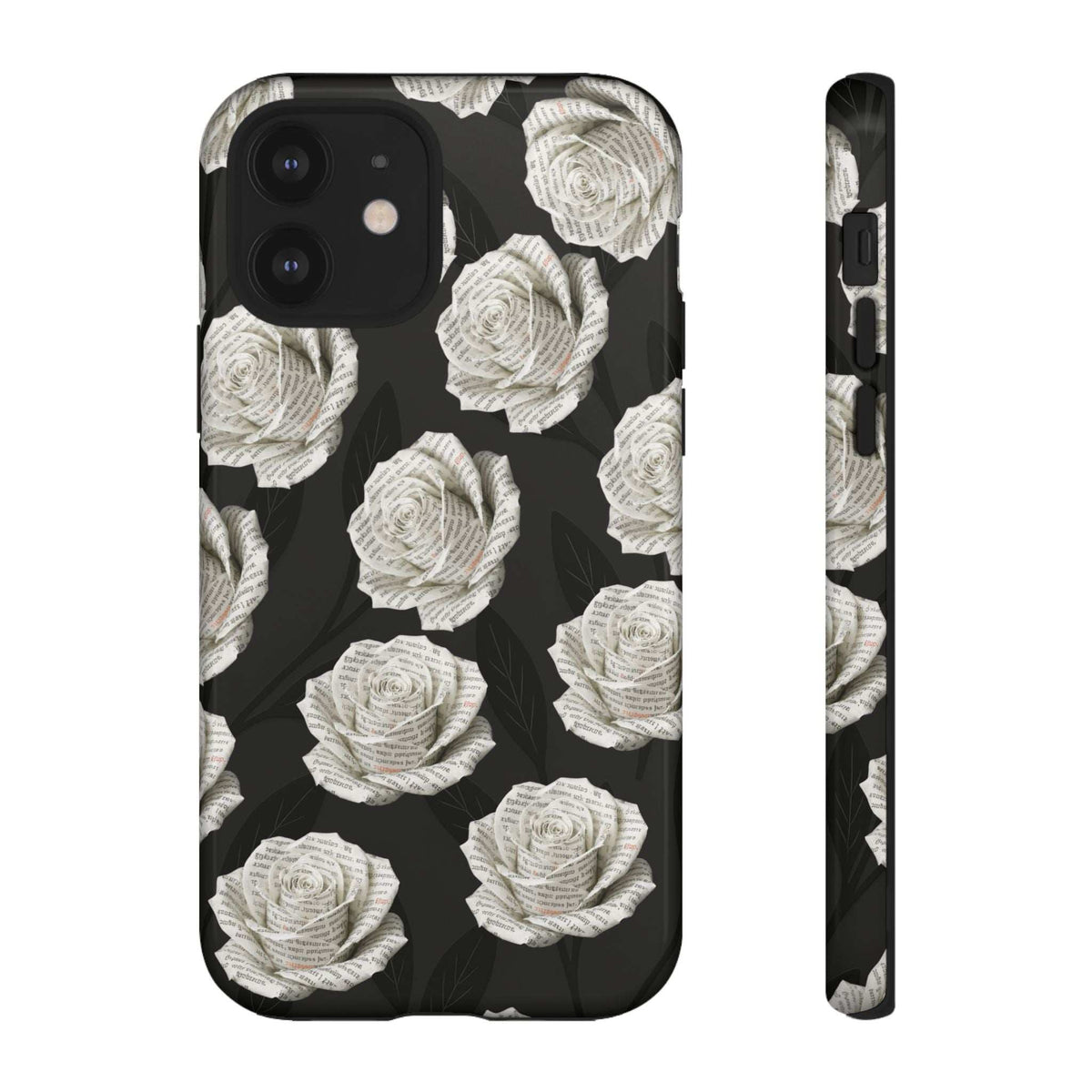 Silent Bloom phone case, black with white rose pattern; side edge and camera openings