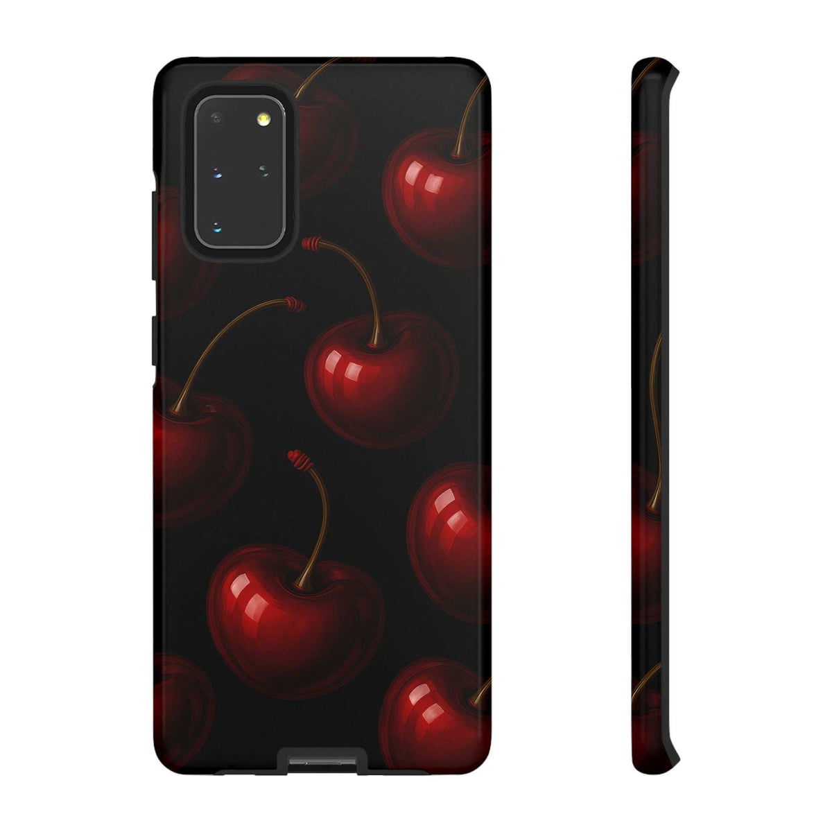 Cherry phone case back view: glossy dark case with red cherries and camera cutouts