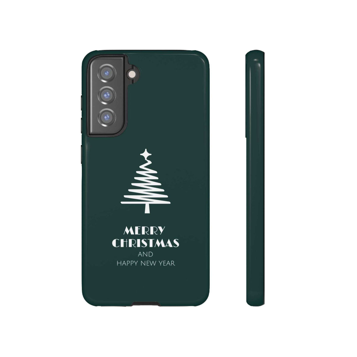Dark green glossy phone case with Christmas tree graphic and "Merry Christmas" front