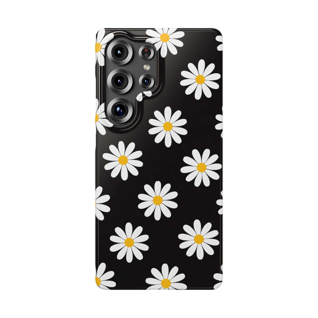 Black daisy-pattern phone case with white flowers and yellow centers, showing camera lenses.