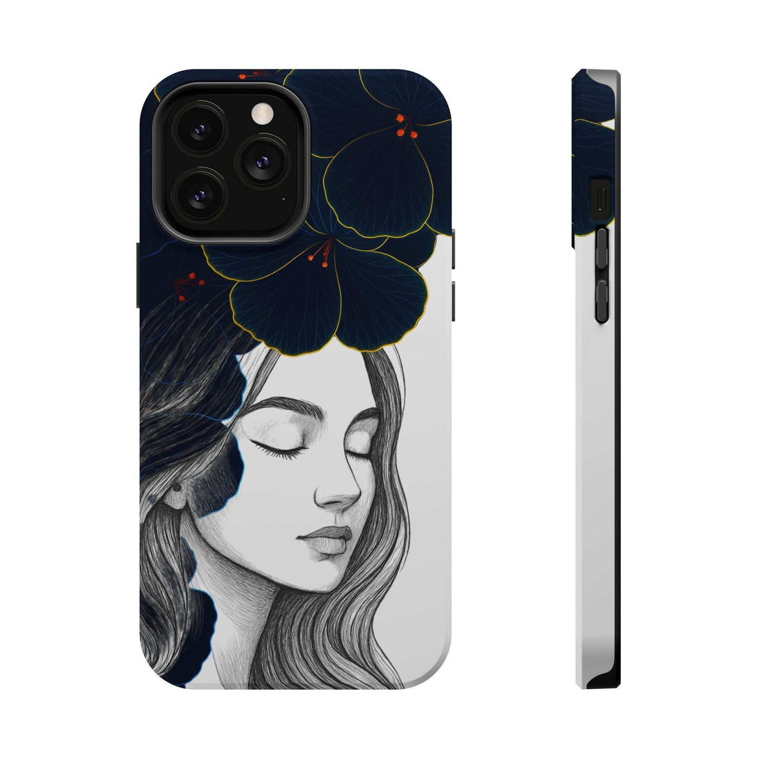 Phone case with dark floral portrait of a woman, blue blossoms, and camera cutouts