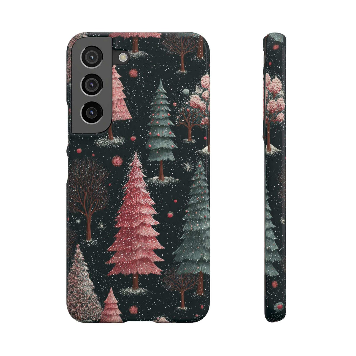 Forest-themed glossy phone case with snowy pine trees and pink-red highlights; front and side views.