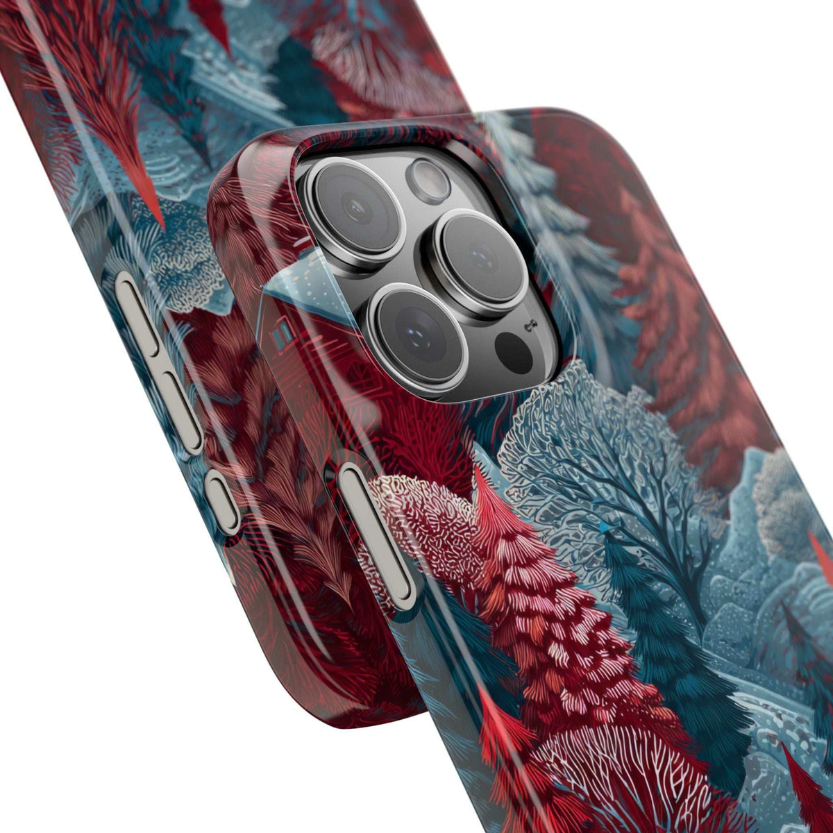 Winter forest phone case close-up with red pine textures, blue trees, and camera lens cutout