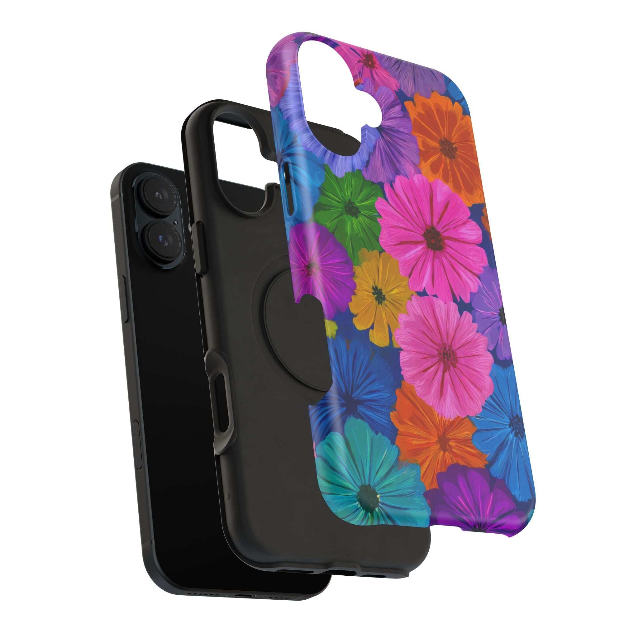 Slim floral phone case with side button cutout and raised edge for camera