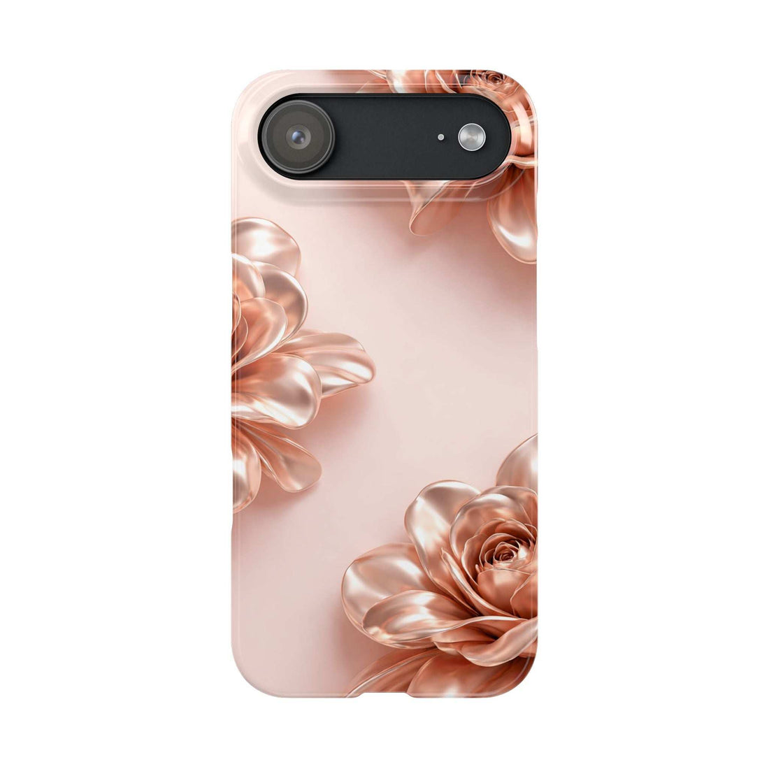 Blush phone case with metallic flower and ribbon design, camera cutouts