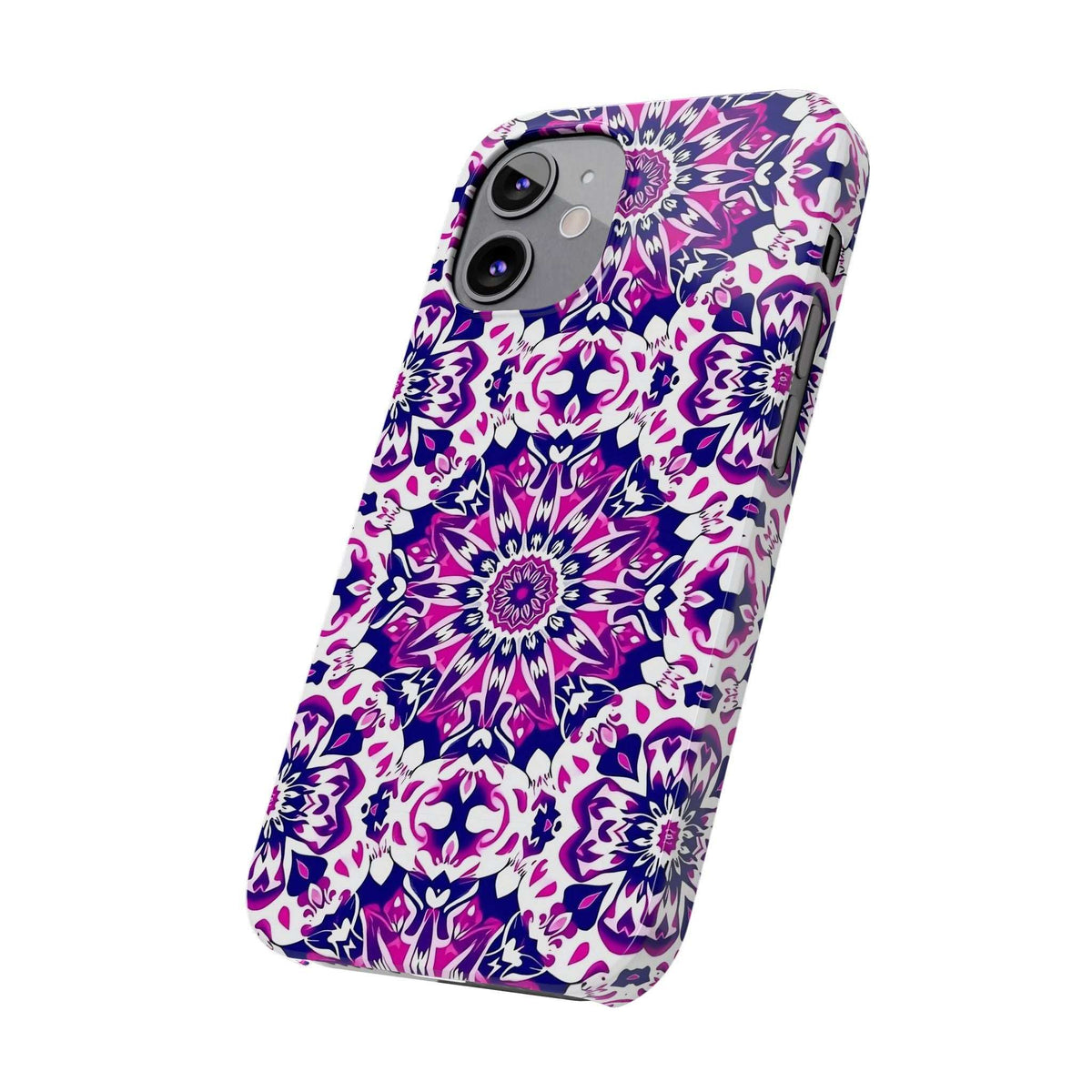 Purple and white floral mandala phone case with camera cutout and contoured sides