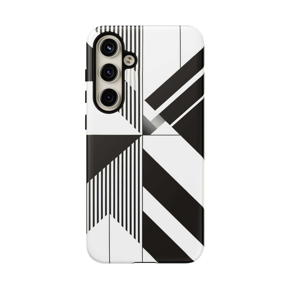 Tough phone case with monochrome geometric stripes and raised camera cutouts